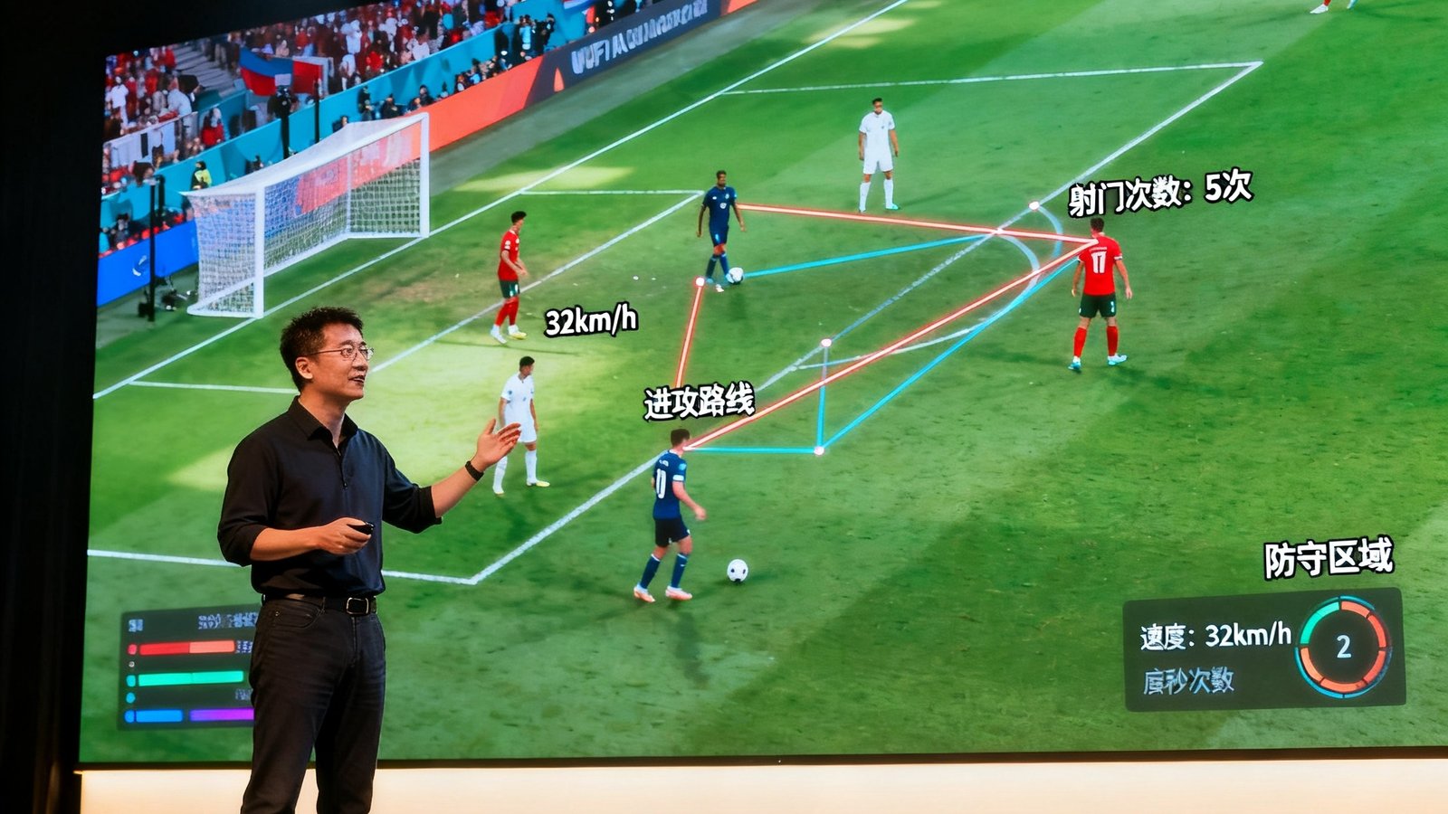 第三代AR视讯融合引擎发布现场，技术负责人在演示新引擎的实时虚拟图形叠加能力，屏幕上显示足球赛事中球员数据与战术线条的毫秒级同步效果。