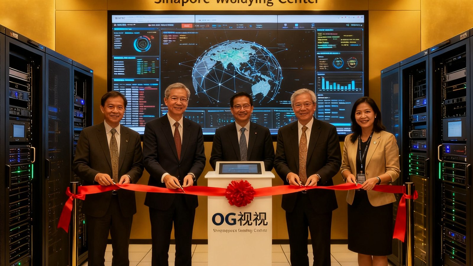 OG视讯新加坡运维中心启用仪式，公司高管与当地合作伙伴共同剪彩，新中心配备了先进的网络监控大屏与冗余服务器集群。