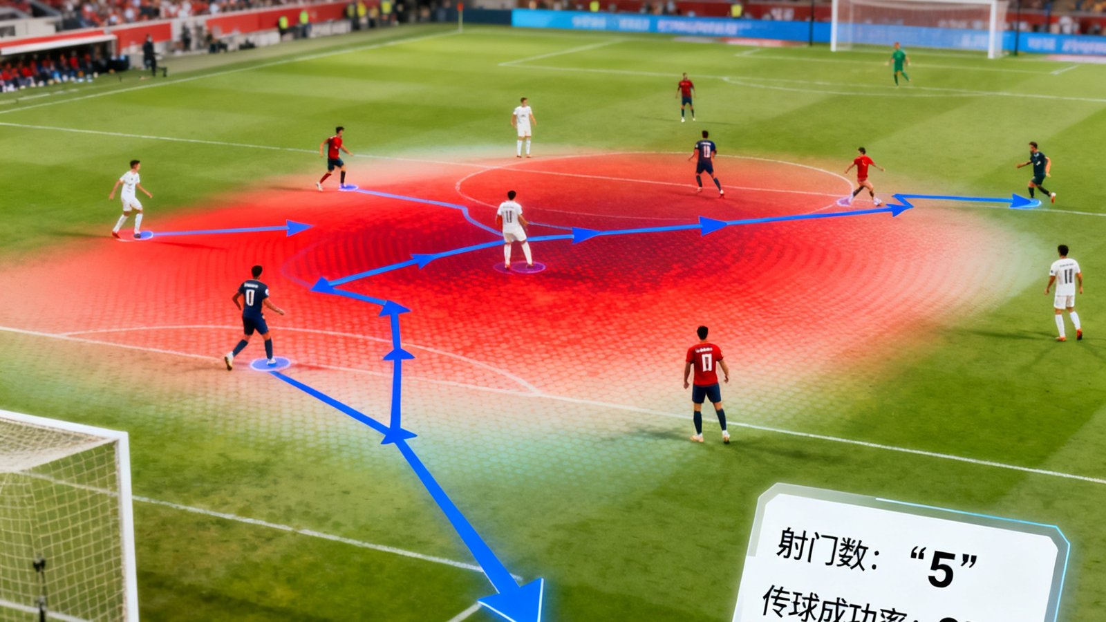 AR视讯融合引擎运行画面，在足球赛事直播中实时叠加球员跑动热力图、传球线路标注与实时统计数据面板，虚拟图形与真实画面无缝融合。